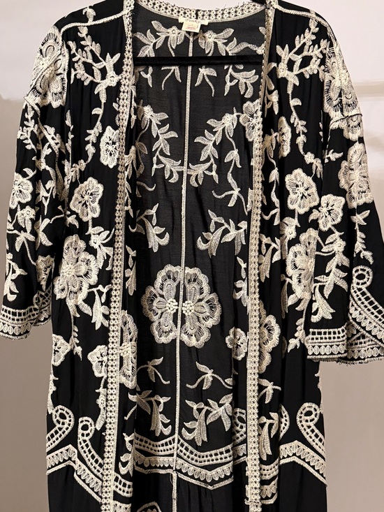 Pinky Jackets & Blazers - Pinky Black and Cream Embroidered Floral Kimono Jacket